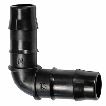 13mm 90-degree double barb irrigation elbow connector showing high-grip dual barbs for secure tubing attachment