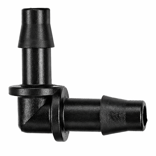 90-degree 6mm barb irrigation elbow connector showing high-grip barbs for secure dripper tubing attachment