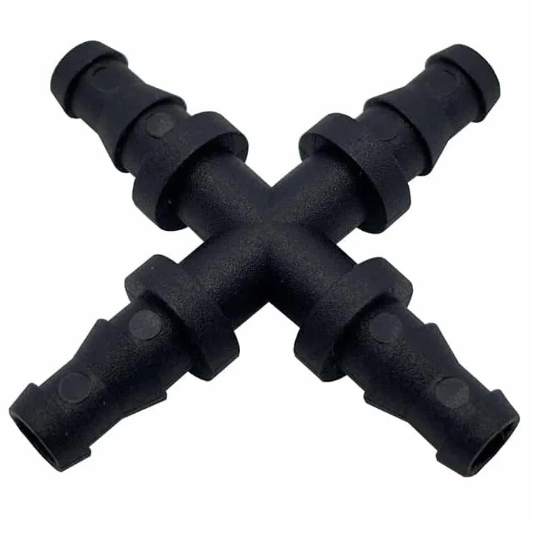 4‑Way Barb Cross | Durable Poly Pipe Fitting for Garden Watering Lines