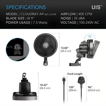 Product specifications for a cloudray with dimensions and features displayed.