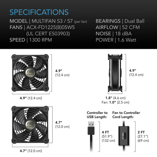 Technical specifications and features of a dual ball bearing fan with dimensions and cable lengths.