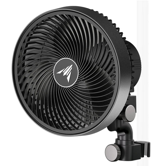 Black fan with a brand logo on a white background