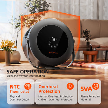 Round black heater with digital display in a living room setting, featuring safety features.