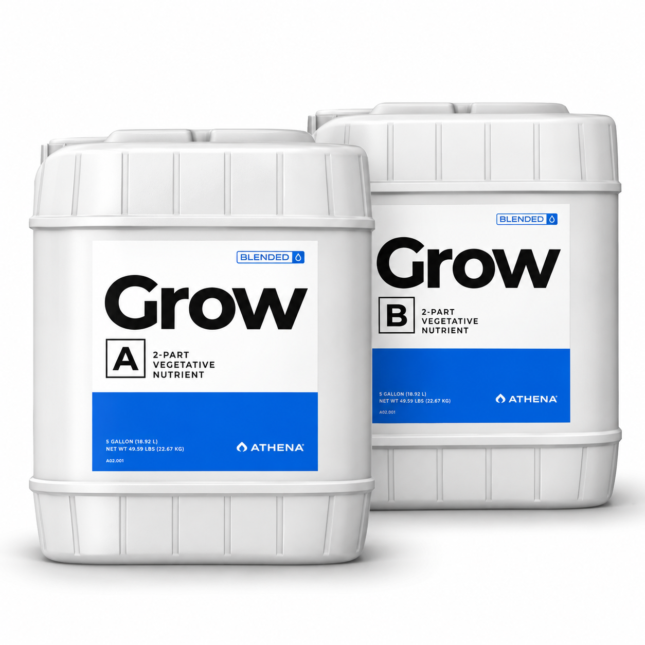 5 Gallon Athena Grow blended 2-part vegetative hydroponic nutrient, labeled A and B, on a clean white background.