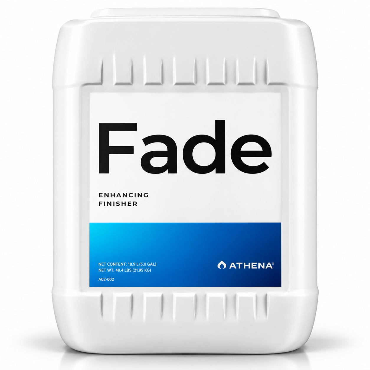 5 Gallon jerry can of Athena Fade Enhancing Finisher, featuring a white label with black 'Fade' text and a blue band at the bottom.