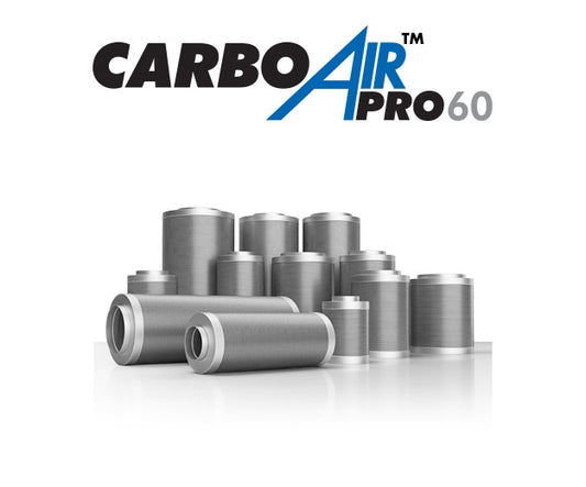 Metallic cylindrical filters with CARBO AIR PRO 60 branding on a white background