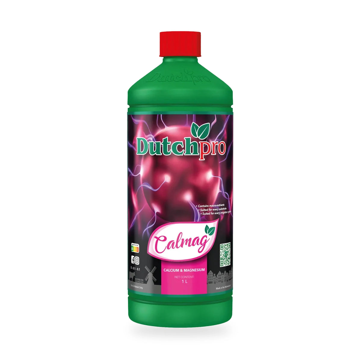 A 1-liter green plastic bottle of Dutchpro Calmng Calcium and Magnesium supplement with a red cap, set against a plain white background.