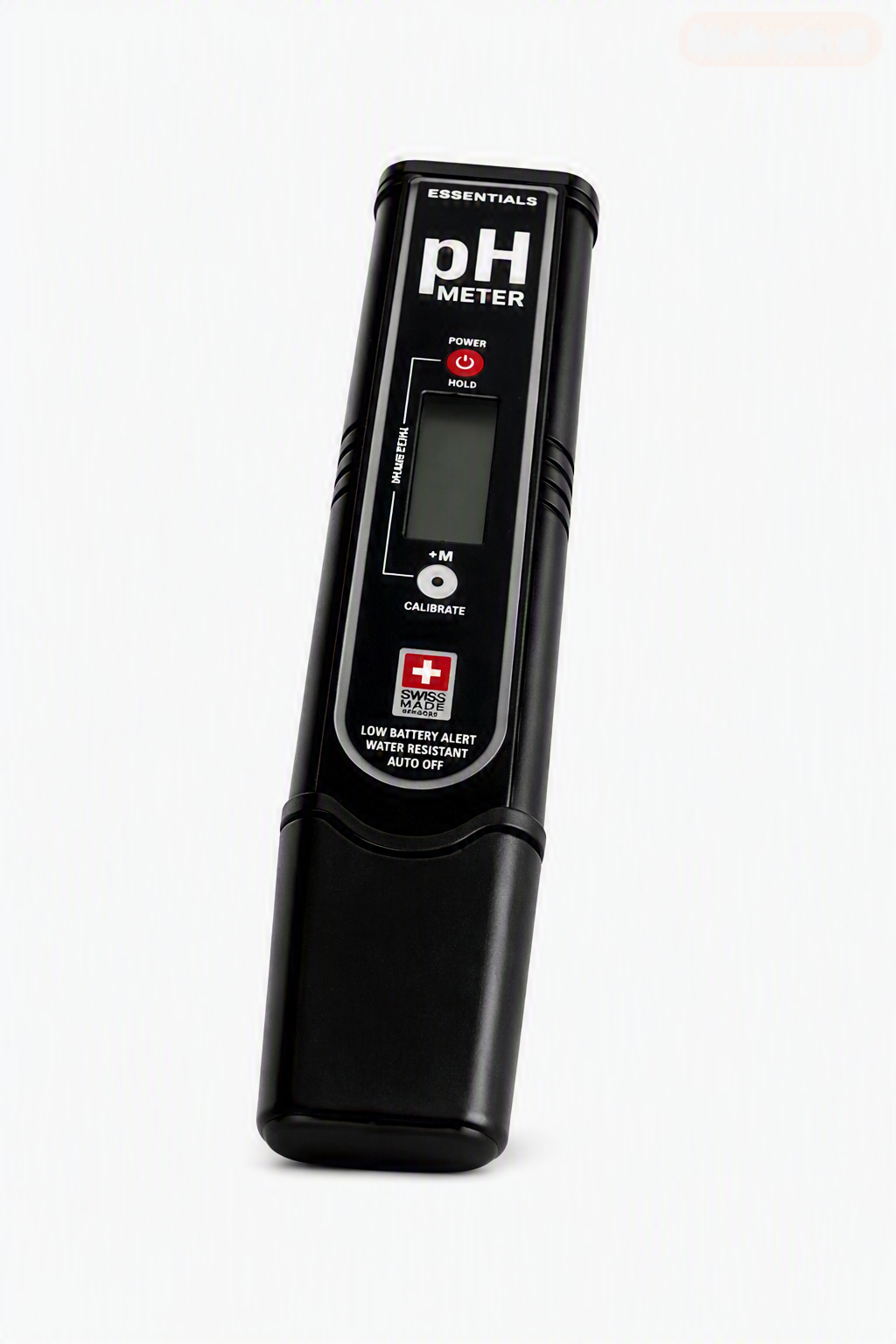 A black digital pH meter with a small LCD screen, red power button, and white text on a clean white background.