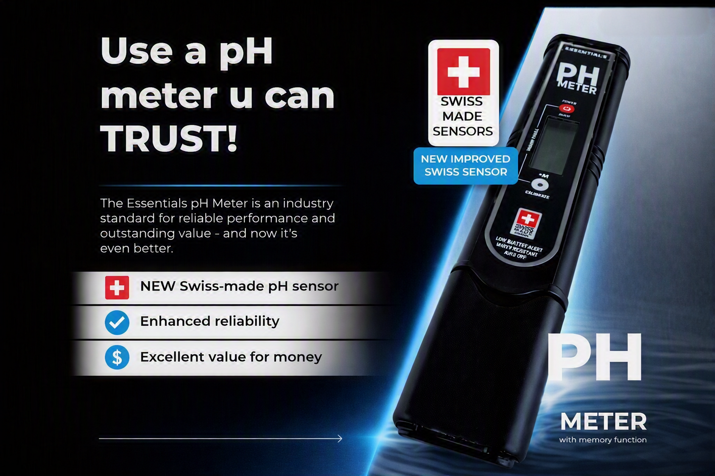 Essentials pH Meter with Swiss Made Sensor | Commercial Grade Digital pH Tester