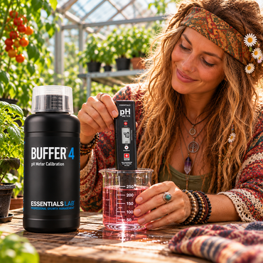 Gardener calibrating a pH meter with Essentials LAB Buffer pH 4 calibration solution in a greenhouse