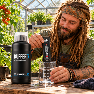 Gardener calibrating a pH meter with Essentials LAB Buffer pH 7 solution in a greenhouse