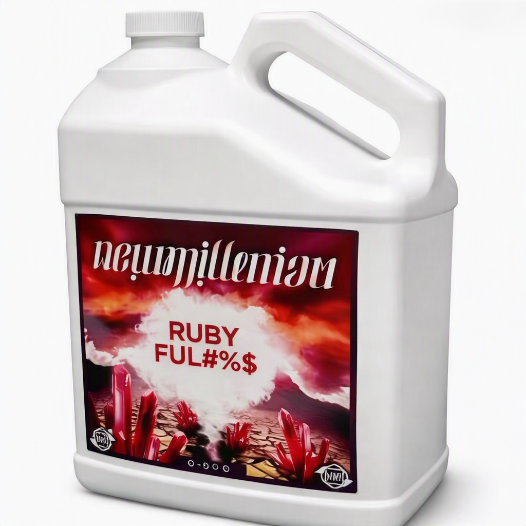 A heavy-duty white 1-gallon jug of New Millennium Ruby Fulvic nutrient additive showing the ergonomic handle and a large front label displaying the gothic branding, ruby-crystal graphic background, and detailed usage metrics for plant growth.