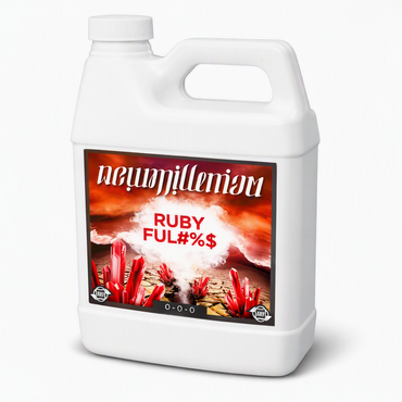 A white plastic 1-quart bottle of New Millennium Ruby Fulvic liquid plant supplement featuring a bright red, ruby-themed product label detailing the multi-source fulvic acid chelation formula and its role as a molybdenum fertilizer for soil and hydroponics.
