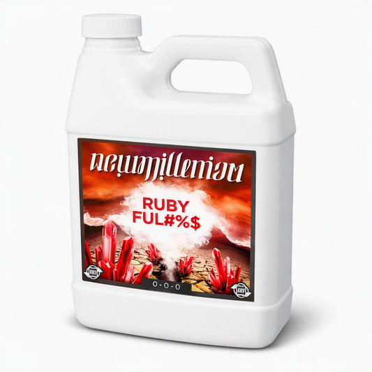 A white plastic 1-quart bottle of New Millennium Ruby Fulvic liquid plant supplement featuring a bright red, ruby-themed product label detailing the multi-source fulvic acid chelation formula and its role as a molybdenum fertilizer for soil and hydroponics.
