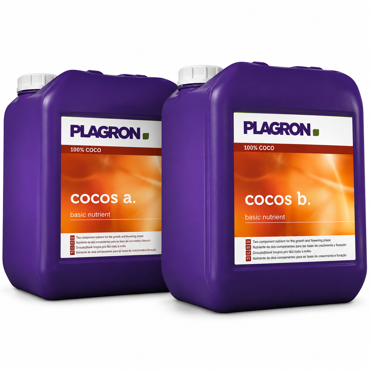 Two purple plastic jugs of PLAGRON Cocos a. and b 10 litre set basic nutrient, 100% Coco, shown on a white background.