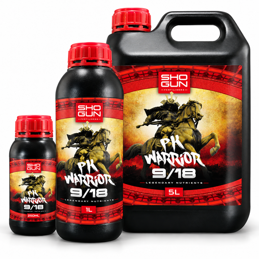 SHOGUN PK Warrior 9/18 flowering nutrient range in 250ml, 1L and 5L sizes