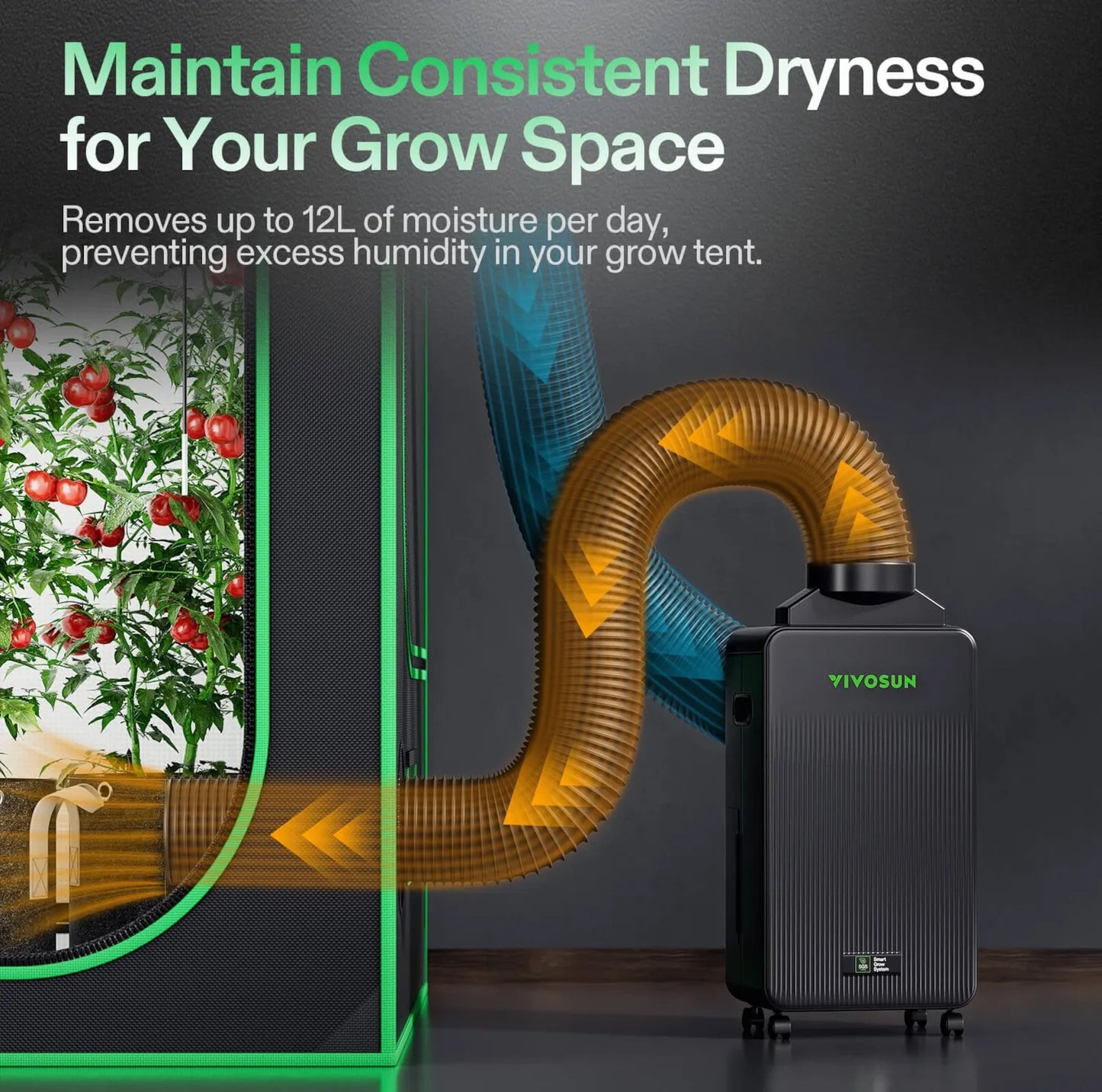 Vivosun AeroDrain D12 Intelligent Grow Tent Dehumidifier Full Kit | 12L/Day Moisture Extractor with Smart VPD Sensor Probe, Ducting & Custom Air Hoods