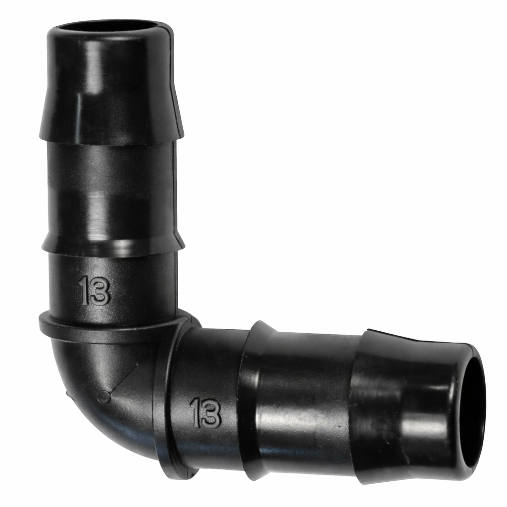 13mm 90-degree double barb irrigation elbow connector showing high-grip dual barbs for secure tubing attachment