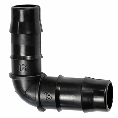 13mm 90-degree double barb irrigation elbow connector showing high-grip dual barbs for secure tubing attachment