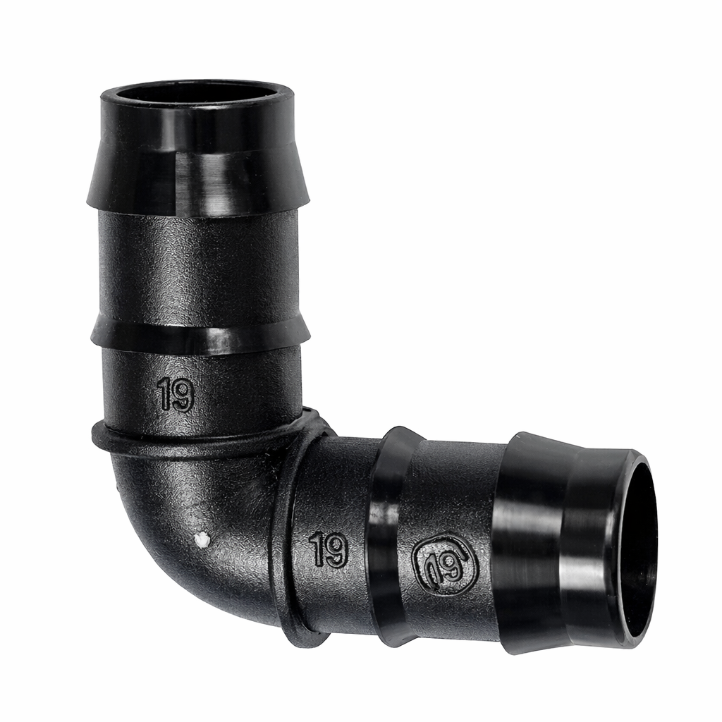 19mm 90-degree double barb irrigation elbow connector showing high-grip dual barbs for secure tubing attachment