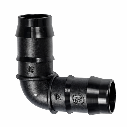 19mm 90-degree double barb irrigation elbow connector showing high-grip dual barbs for secure tubing attachment