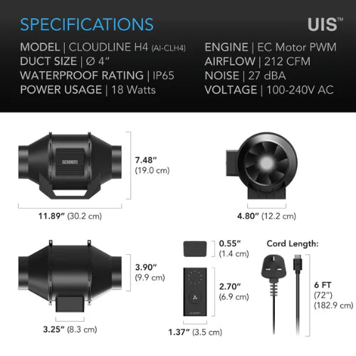 AC Infinity Cloudline H4 | 4 Inch IP65 Fungiculture Fan