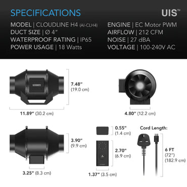 AC Infinity Cloudline H4 | 4 Inch IP65 Fungiculture Fan