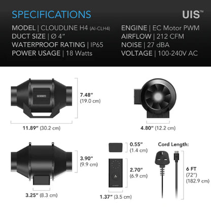 AC Infinity Cloudline H4 | 4 Inch IP65 Fungiculture Fan