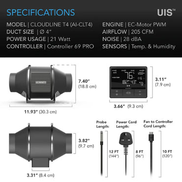 AC Infinity Cloudline Pro T4 | 4 Inch Inline EC Fan