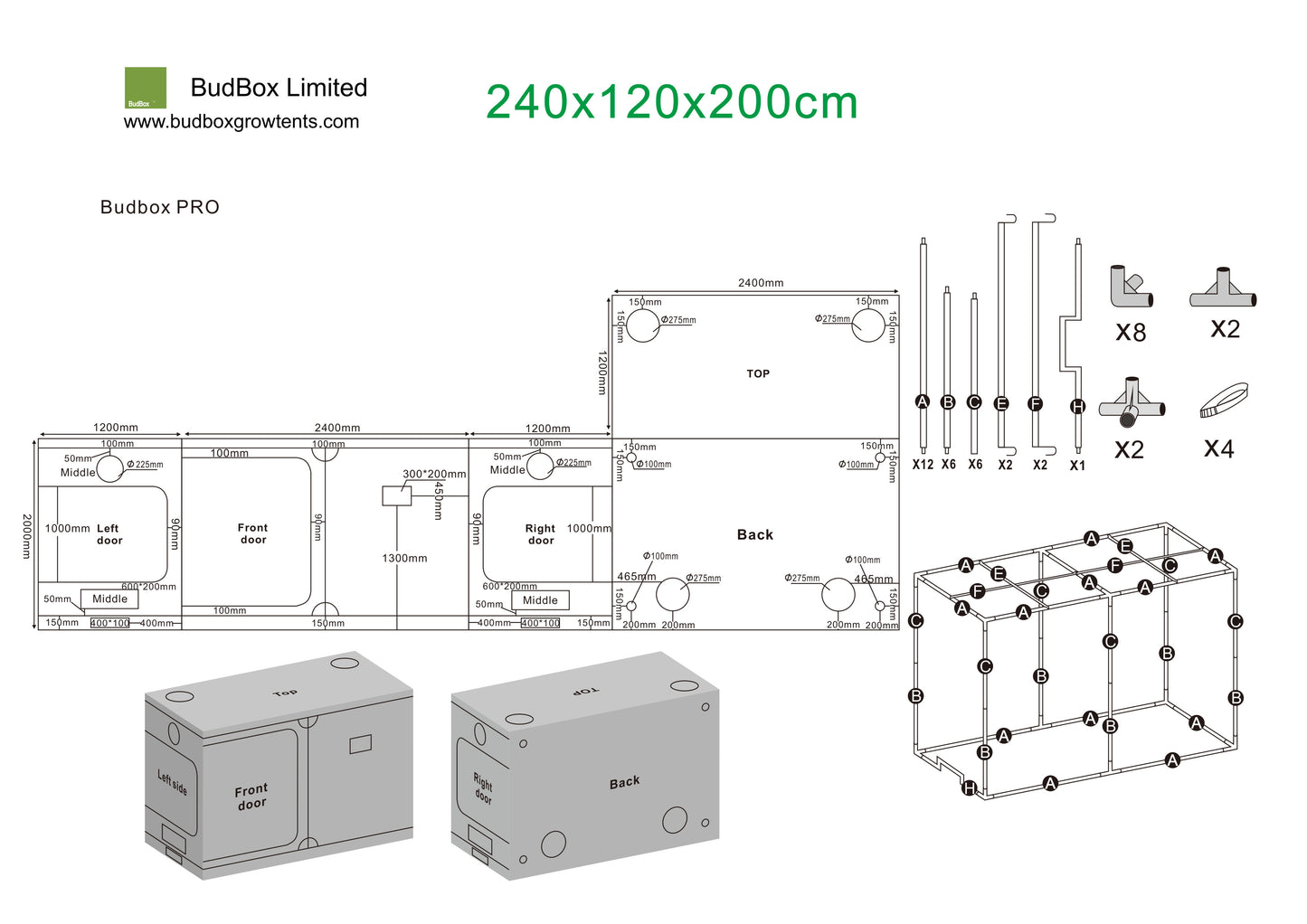 BudBox Pro XXL & XXL-HL Grow Tent | 120x240cm Professional Horticulture Environment