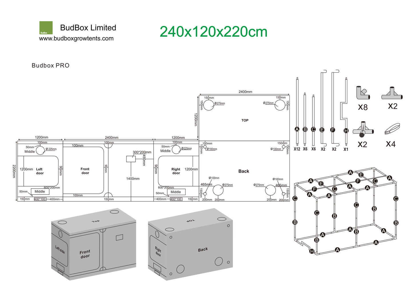 BudBox Pro XXL & XXL-HL Grow Tent | 120x240cm Professional Horticulture Environment