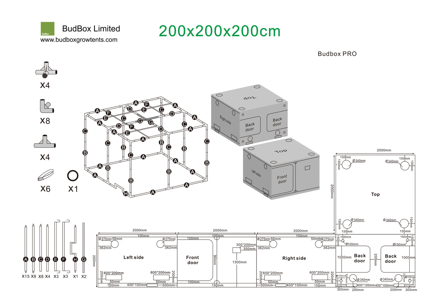 BudBox Pro Titan 1 & Titan 1-HL Grow Tents | 2m x 2m Professional Hydroponic Rooms