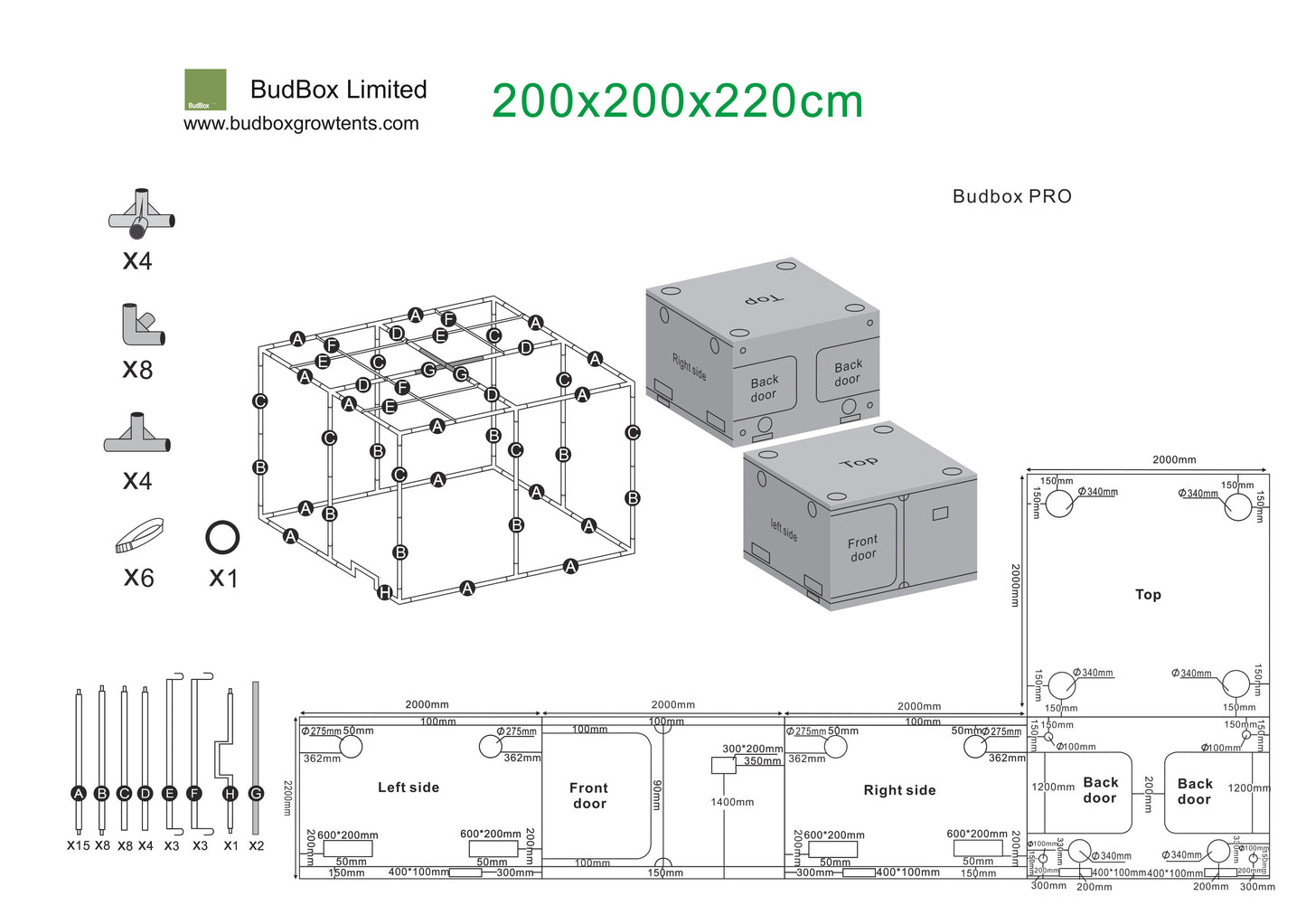 BudBox Pro Titan 1 & Titan 1-HL Grow Tents | 2m x 2m Professional Hydroponic Rooms