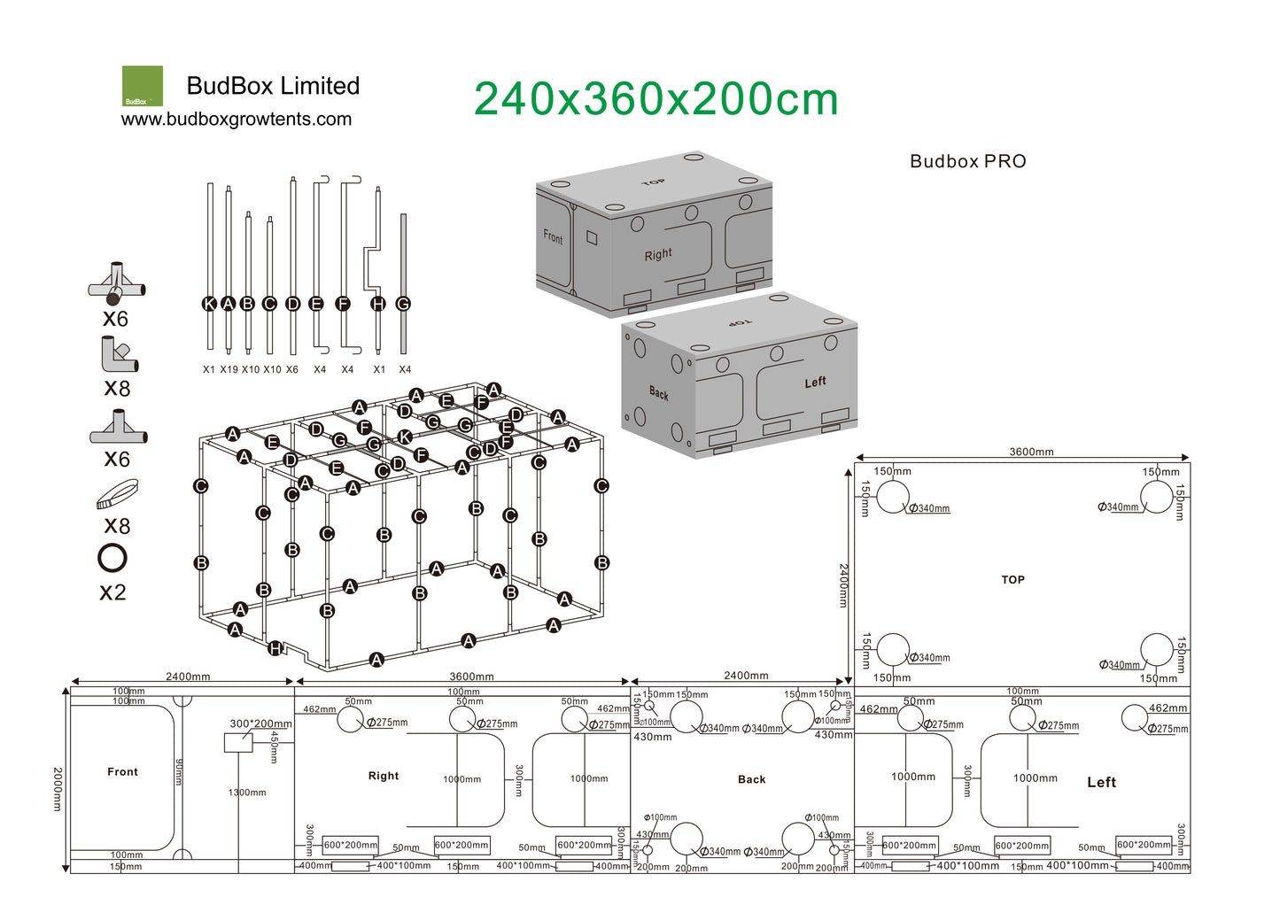 BudBox Pro Titan 2 & Titan 2-HL Grow Tents | 3.6m x 2.4m Commercial Hydroponic Rooms