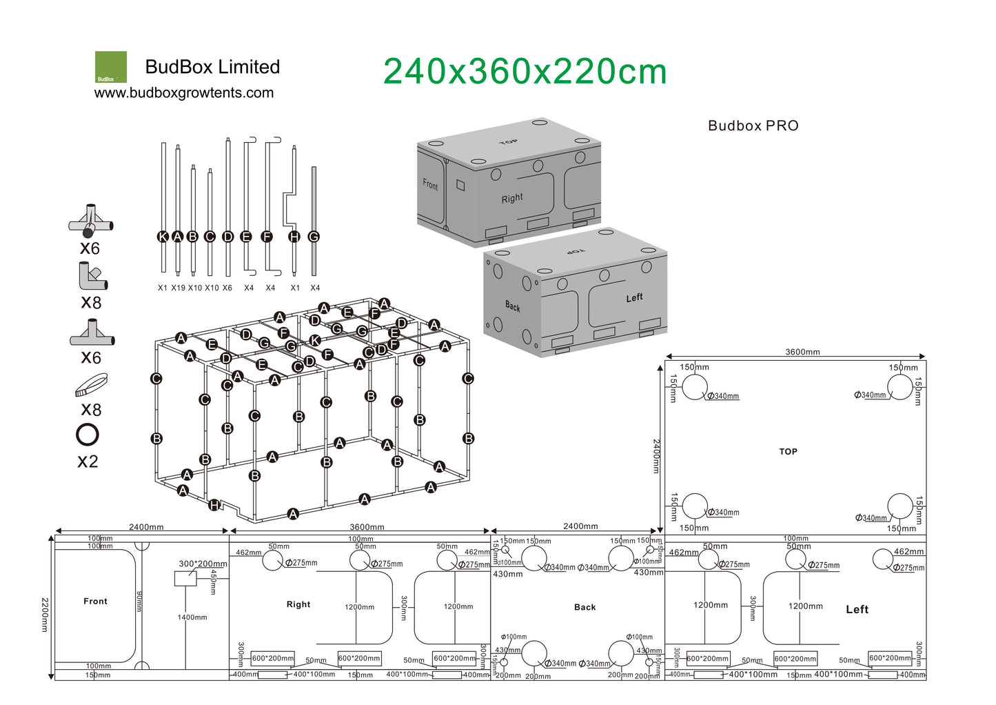 BudBox Pro Titan 2 & Titan 2-HL Grow Tents | 3.6m x 2.4m Commercial Hydroponic Rooms