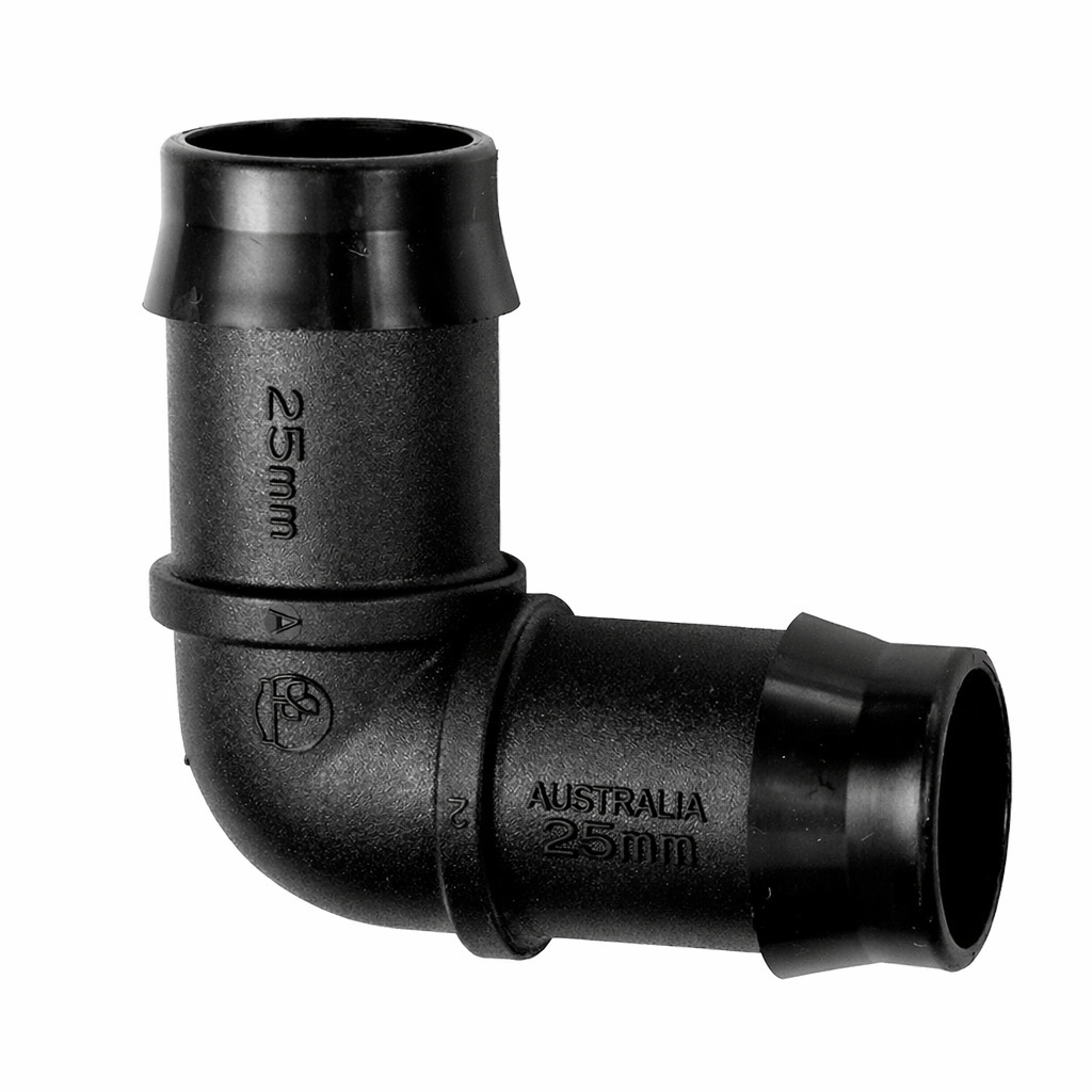 25mm 90-degree barb irrigation elbow connector showing high-grip barbs for secure tubing attachment