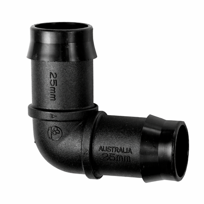 25mm 90-degree barb irrigation elbow connector showing high-grip barbs for secure tubing attachment