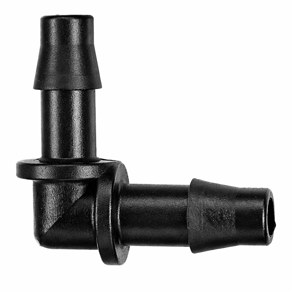 90-degree 6mm barb irrigation elbow connector showing high-grip barbs for secure dripper tubing attachment