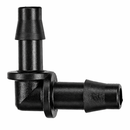 90-degree 6mm barb irrigation elbow connector showing high-grip barbs for secure dripper tubing attachment