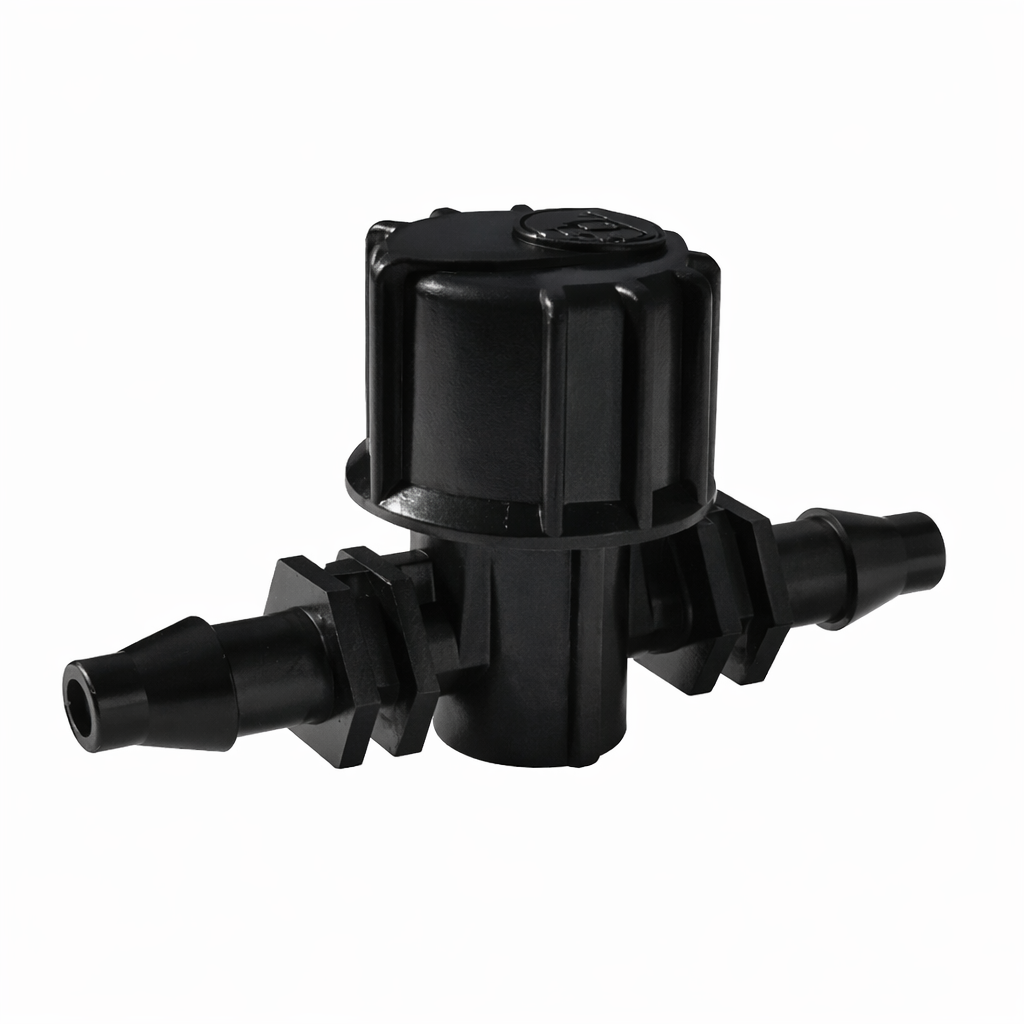 Close-up of 6mm micro inline irrigation shut-off valves compatible with AutoPot automatic watering systems.