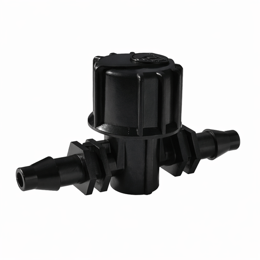 Close-up of 6mm micro inline irrigation shut-off valves compatible with AutoPot automatic watering systems.