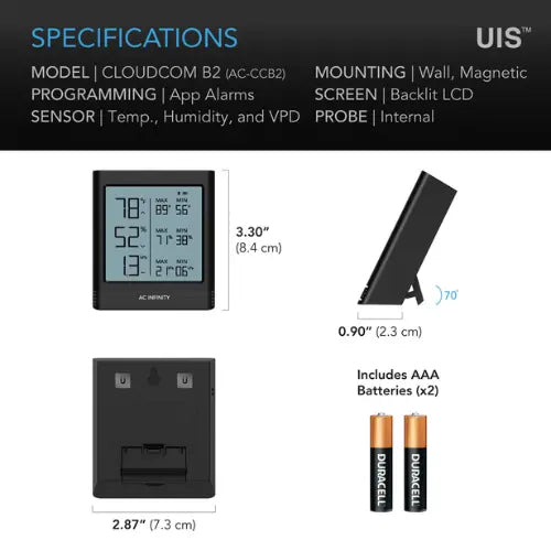 AC Infinity Cloudcom B2 Smart Thermo-Hygrometer | Bluetooth App Monitor with Integrated Sensor