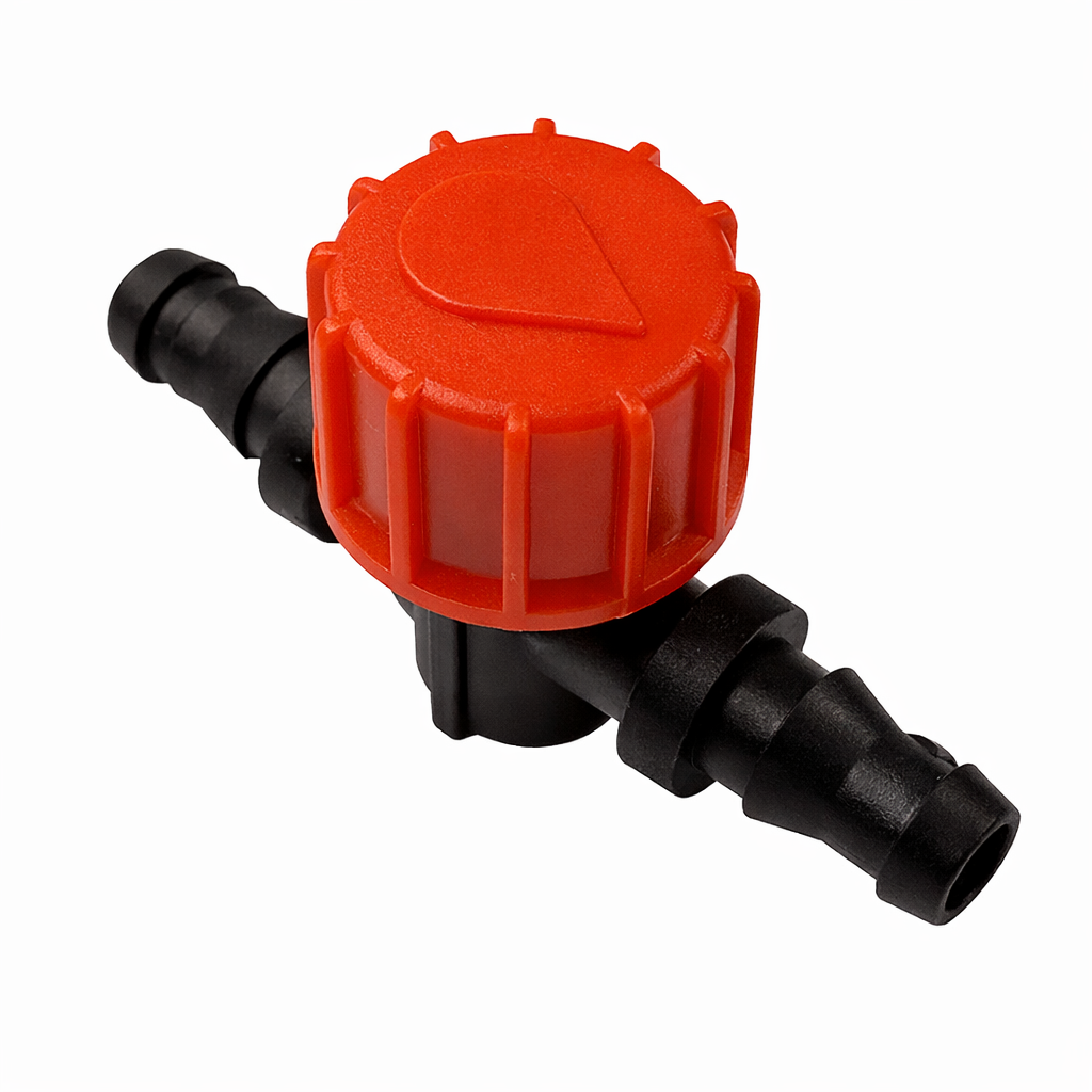 Close-up of 9mm micro inline irrigation shut-off valves compatible with AutoPot automatic watering systems.