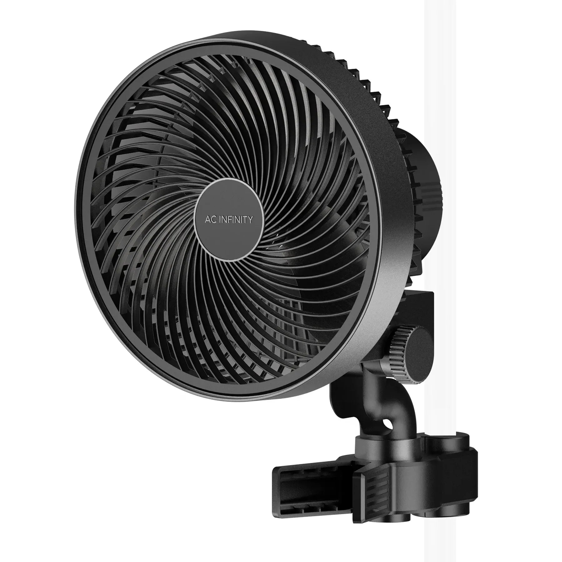 Black ac infinity fan with a clip on a white background