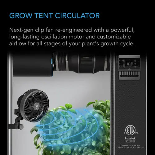 Grow tent circulator with fan and control panel inside a grow tent, featuring Inteck branding.