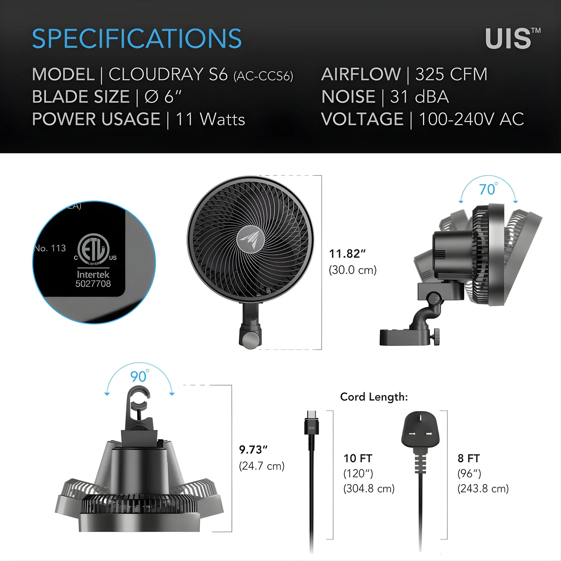 Product specifications for a fan with detailed measurements and features.