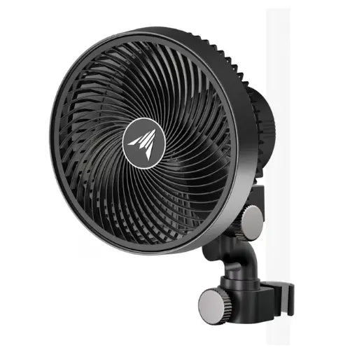 Black oscillating fan with a brand logo on a white background