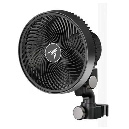Black oscillating fan with a brand logo on a white background