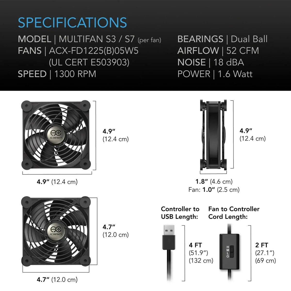 Technical specifications and features of a dual ball bearing fan with dimensions and cable lengths.