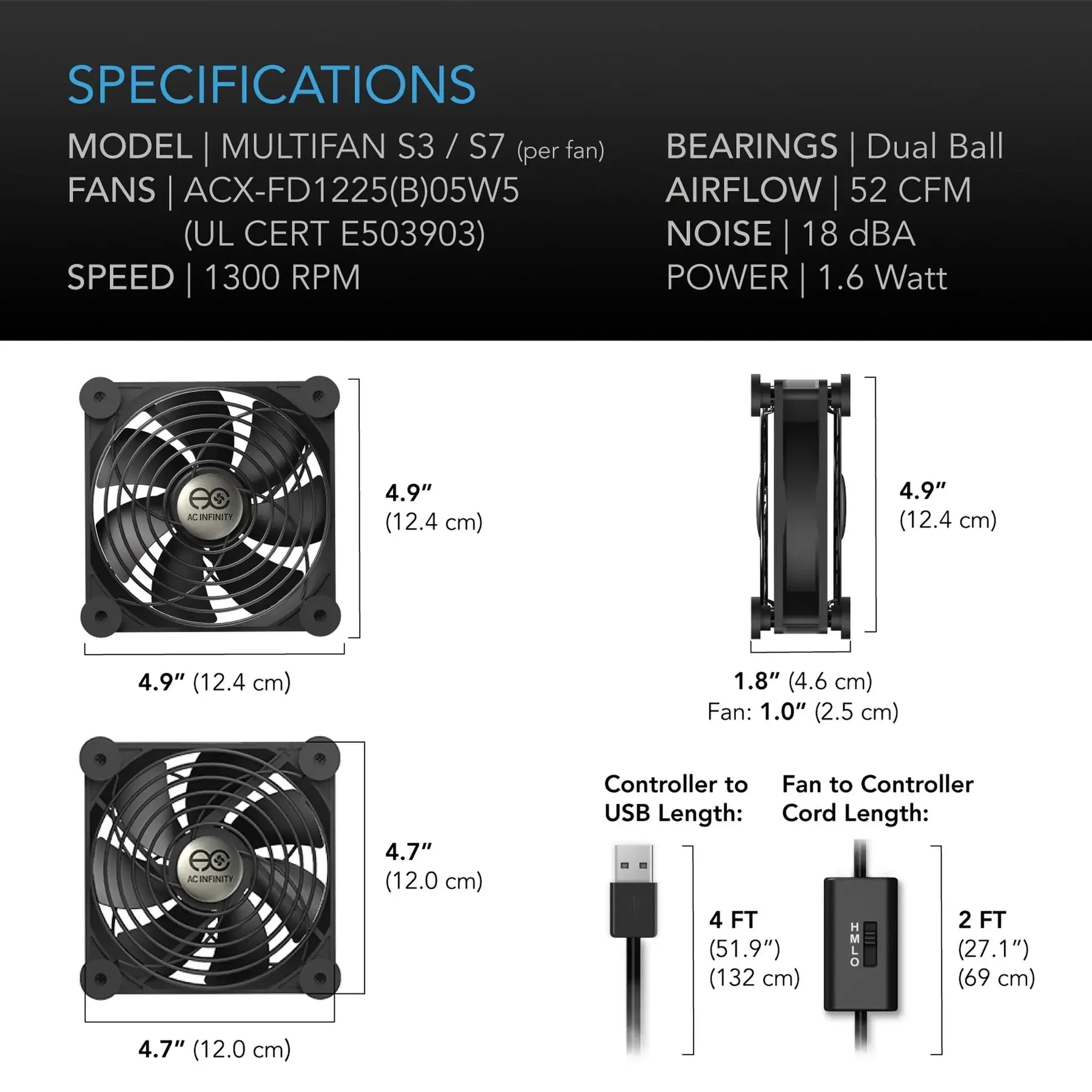 Technical specifications and features of a dual ball bearing fan with dimensions and cable lengths.